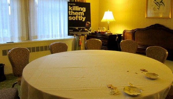 The haunting setting for the Andrew Dominik and Ben Mendelsohn post interviews on Killing Them Softly at the Waldorf Towers hotel room, with saucers and used sugar packets.