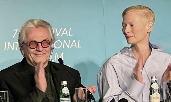 Director George Miller and Tilda Swinton in Cannes. The actress said: 'What I saw last night was overwhelming but he still managed to keep it small and real'